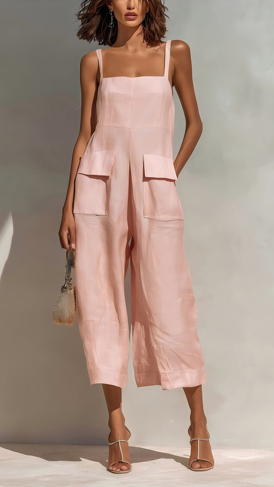 Women's Elegant Sleeveless Cropped Jumpsuit — Loose Fit, Wide-Leg, Thin Straps, Patch Pockets