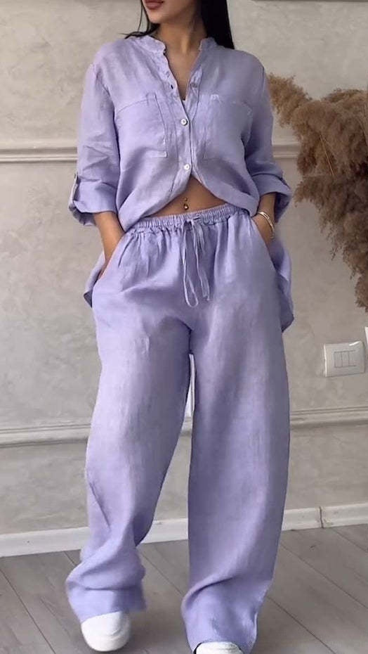 Women's Casual Cotton-Linen Solid-Color Shirt & Drawstring Wide-Leg Pants Two-Piece Set
