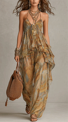 Women's Cotton-Blend Halter Printed Wide-Leg Pants Set